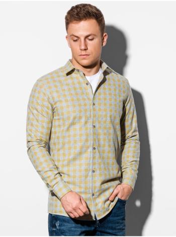 Pánska károvaná košeľa s dlhým rukávom K509 - žltá