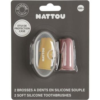 NATTOU Baby Toothbrush detská zubná kefka na prst s puzdrom Yellow / Pink 2 ks