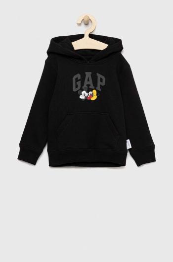 Detská mikina GAP X Disney čierna farba, s kapucňou, s potlačou