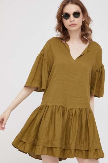 Ľanové šaty Sisley zelená farba, mini, áčkový strih