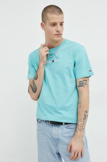 Bavlnené tričko Tommy Jeans tyrkysová farba, s nášivkou