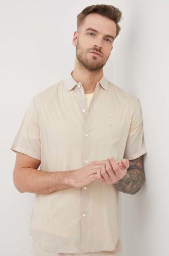Bavlnená košeľa Emporio Armani pánska, béžová farba, regular, s klasickým golierom