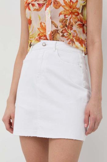 Rifľová sukňa Guess biela farba, mini, rovný strih