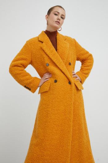 Vlnený kabát BOSS žltá farba, prechodný, oversize