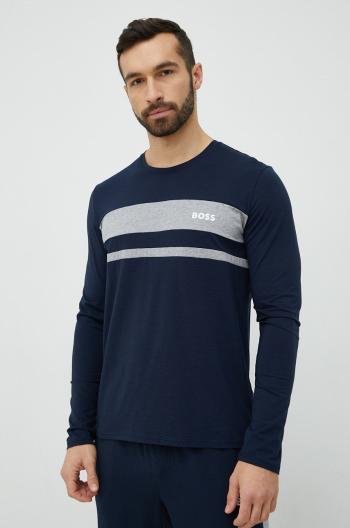 Pyžamové tričko s dlhým rukávom BOSS tmavomodrá farba, vzorované