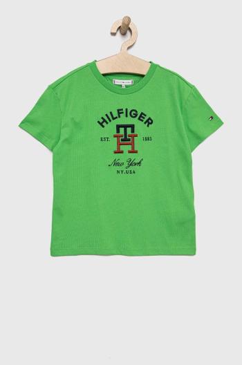 Detské bavlnené tričko Tommy Hilfiger zelená farba, s nášivkou