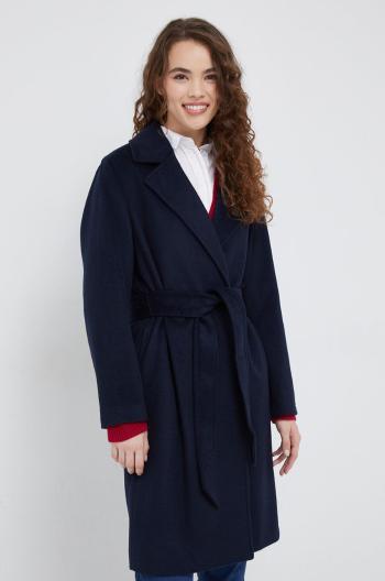 Vlnený kabát Tommy Hilfiger tmavomodrá farba, prechodný, dvojradový
