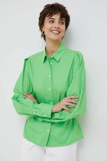 Bavlnená košeľa Tommy Hilfiger dámska, zelená farba, regular, s klasickým golierom