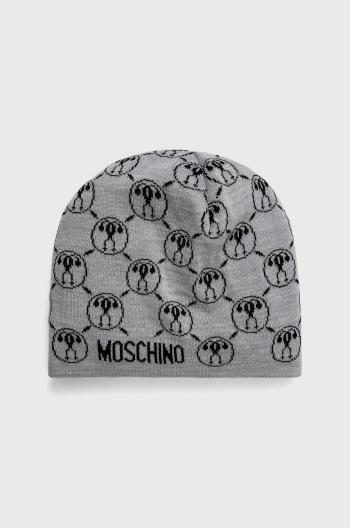 Čiapka Moschino šedá farba, z tenkej pleteniny, vlnená