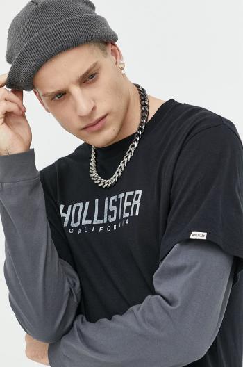 Bavlnené tričko s dlhým rukávom Hollister Co. čierna farba, s potlačou