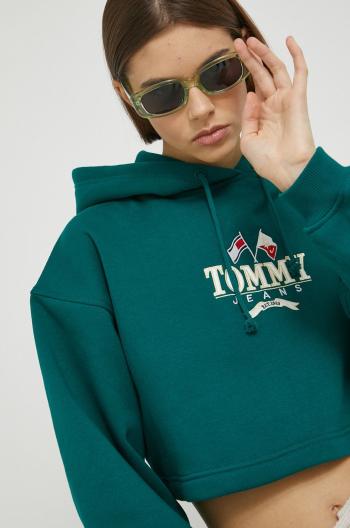 mikina Tommy Jeans dámska, zelená farba, s kapucňou, s nášivkou