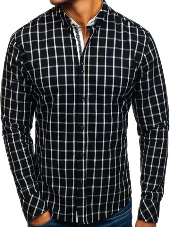 Čierna pánska károvaná košeľa s dlhými rukávmi BOLF 8825
