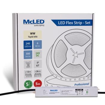 McLED LED páska - sada 5 m, 240 LED/m, WW, 6 W/m, DC 24V, 500 lm/m, CRI90, IP67, 10 mm, vodič 3 m ML-126.034.90.S05001