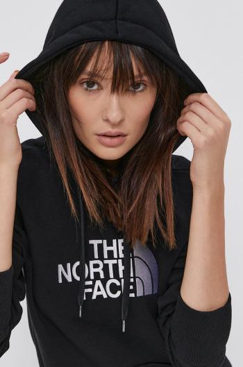 Bavlnená mikina The North Face dámska, čierna farba, s kapucňou, s nášivkou
