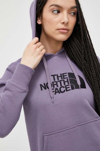 Bavlnená mikina The North Face dámska, fialová farba, s kapucňou, s nášivkou