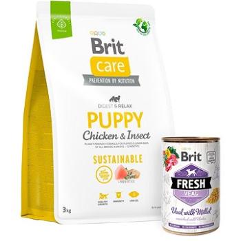 Brit Care Dog Sustainable s kuracím a hmyzom Puppy 3 kg + Brit Fresh Veal with millet 400 g (KRMP1233bun)