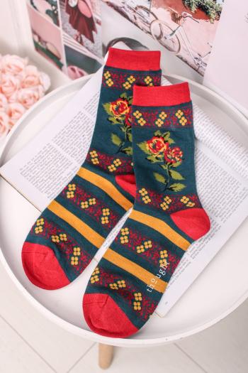 Tyrkysovo-červené ponožky Folk Floral Socks
