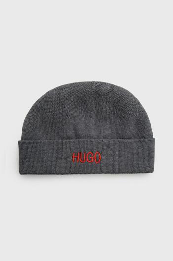Bavlnená čiapka Hugo šedá farba, z tenkej pleteniny, bavlnená