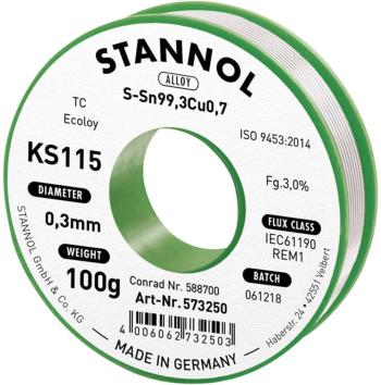 Stannol KS115 spájkovací cín bez olova cievka Sn99,3Cu0,7 100 g 0.3 mm