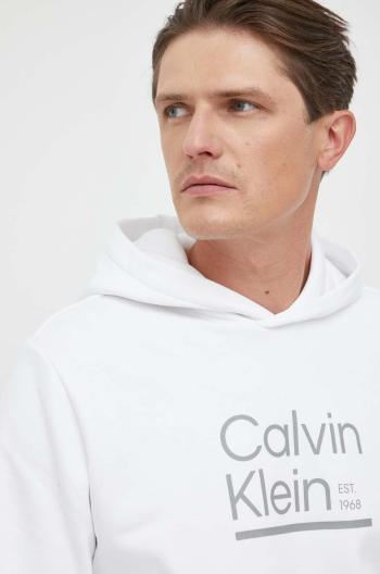 Bavlnená mikina Calvin Klein pánska, biela farba, s kapucňou, s potlačou