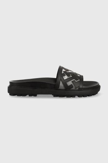 Kožené šľapky Tommy Hilfiger TH ELEVATED FLAT SANDAL dámske, čierna farba, na platforme, FW0FW07407