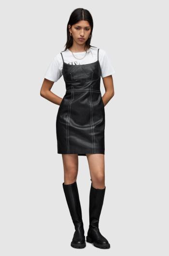 Kožené šaty AllSaints čierna farba, mini, rovný strih