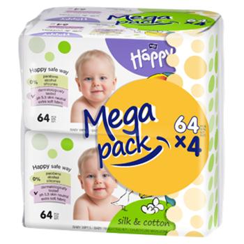 HAPPY Mega Pack Čistiace vlhčené obrúsky Hodváb & Bavlna 4x64 ks 256 ks