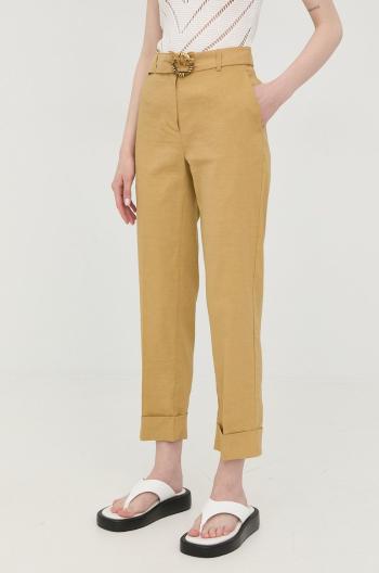 Ľanové nohavice Pinko dámske, žltá farba, rovné, vysoký pás