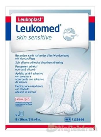 LEUKOPLAST LEUKOMED SKIN SENSITIVE textilné krytie s vankúšikom, náplasť sterilná, 8x10 cm, 5 ks