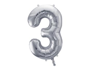 PartyDeco Fóliový balón narodeninové číslo 3 strieborný 86cm