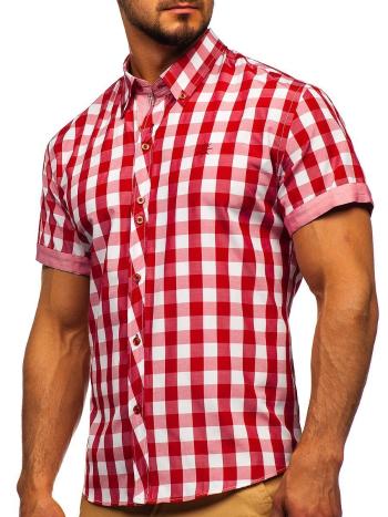 Červená pánska károvaná košeľa s krátkymi rukávmi BOLF 6522