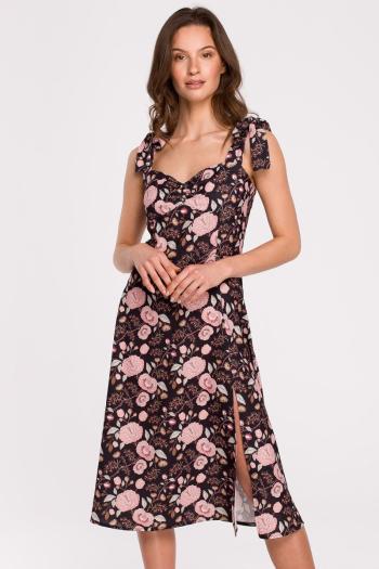 Ružovo-čierne kvetované midi šaty K134
