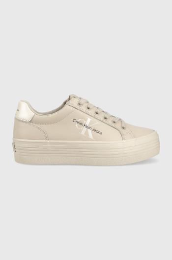 Kožené tenisky Calvin Klein Jeans VULC FLATFORM LACEUP béžová farba, YW0YW01042