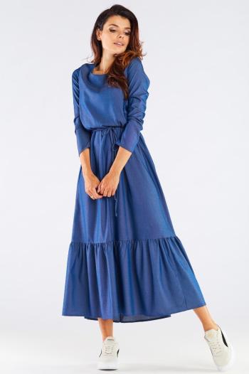 Modré maxi šaty s viazaním A455