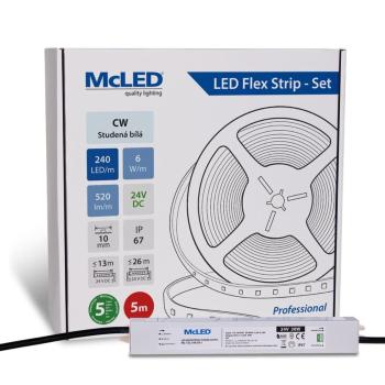 McLED LED páska - sada 5 m, 240 LED/m, CW, 6 W/m, DC 24V, 520 lm/m, CRI90, IP67, 10 mm, vodič 3 m ML-126.032.90.S05001