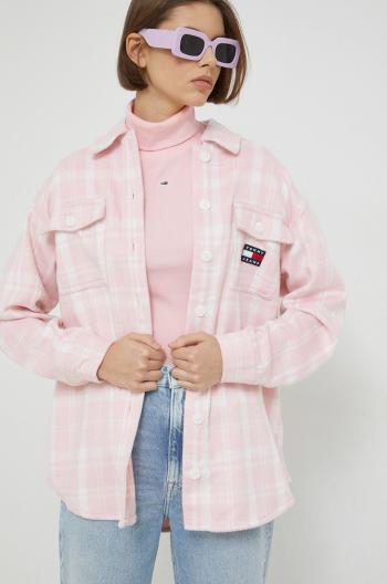 Košeľa Tommy Jeans dámska, ružová farba, voľný strih, s klasickým golierom