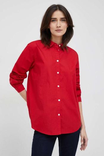 Bavlnená košeľa Tommy Hilfiger dámska, červená farba, voľný strih, s klasickým golierom