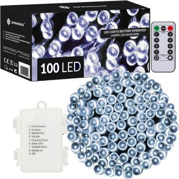 LED svetelná reťaz - 10m, 100LED, 8 funkcií, ovládač, 3xAA, IP44, studená biela