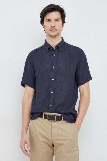 Ľanová košeľa Tommy Hilfiger tmavomodrá farba, regular, s golierom button-down