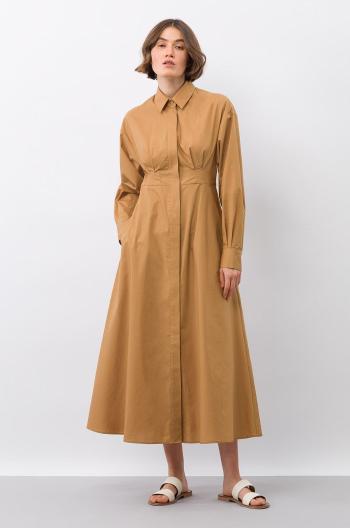 Bavlnené šaty Ivy & Oak béžová farba, midi, áčkový strih