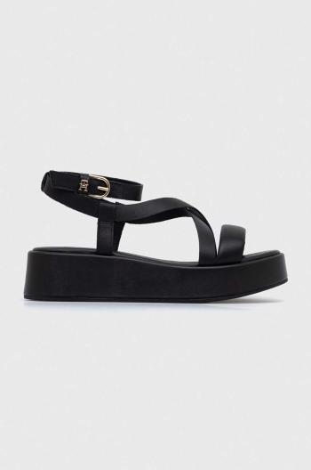 Kožené sandále Tommy Hilfiger NEW FLATFORM STRAP dámske, čierna farba, na platforme