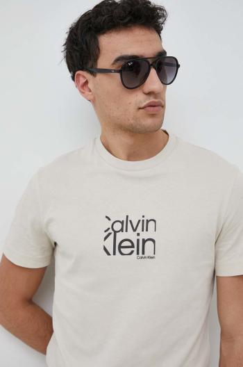 Bavlnené tričko Calvin Klein béžová farba, s potlačou