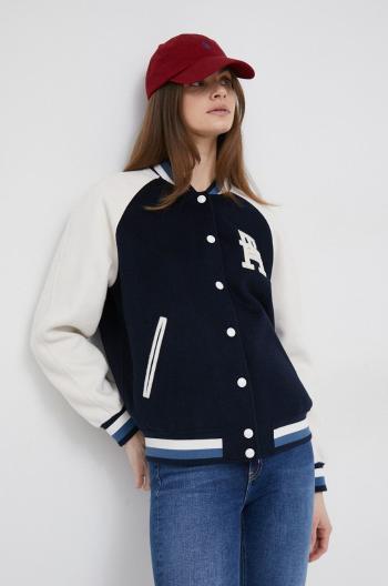 Vlnená bunda bomber Tommy Hilfiger tmavomodrá farba, prechodná