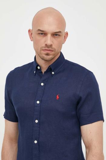 Ľanová košeľa Polo Ralph Lauren tmavomodrá farba, slim, s golierom button-down