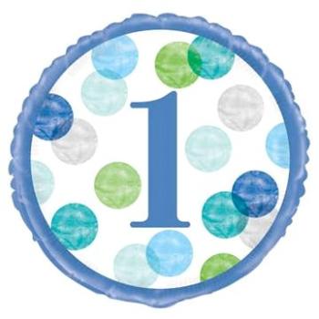 Balón fóliový 1. narodeniny modrý s bodkami – 45 cm (11179733170)