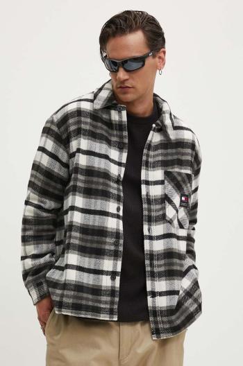 Košeľa Tommy Jeans TJM FLEECE LINED CHECK SHIRT EXT pánska, čierna farba, voľný strih, s klasickým golierom, DM0DM18325