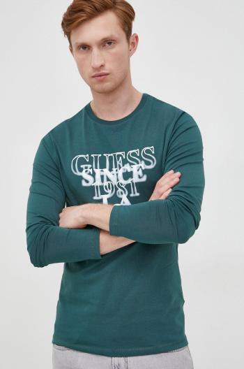 Tričko s dlhým rukávom Guess pánske, zelená farba, s potlačou