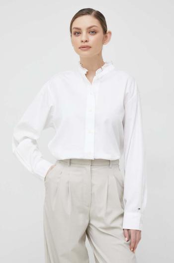 Bavlnená košeľa Tommy Hilfiger dámska, biela farba, voľný strih, so stojačikom