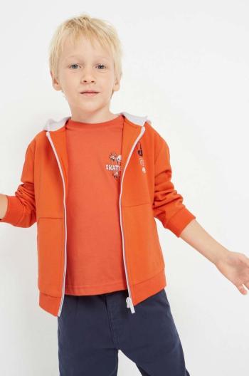Detská mikina Mayoral oranžová farba, s kapucňou, s potlačou
