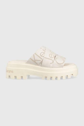 Šľapky Calvin Klein Jeans TOOTHY COMBAT SANDAL WEBBING dámske, béžová farba, na platforme, YW0YW00949